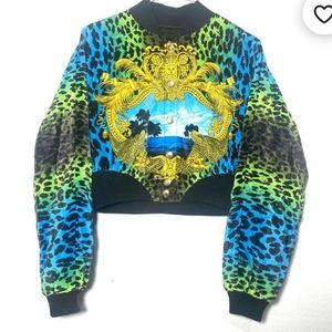 VERSACE Leopard Print Green Blue Gold Bomber Jacket Limited Edition